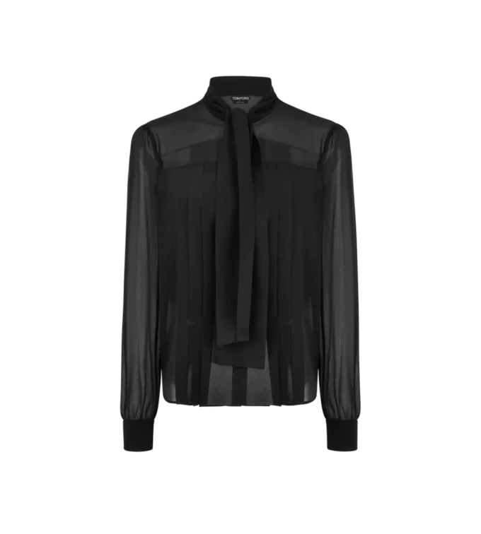 Blusa de manga larga con detalle plisado y lavalier Blusa de manga larga con detalle plisado y lavalier