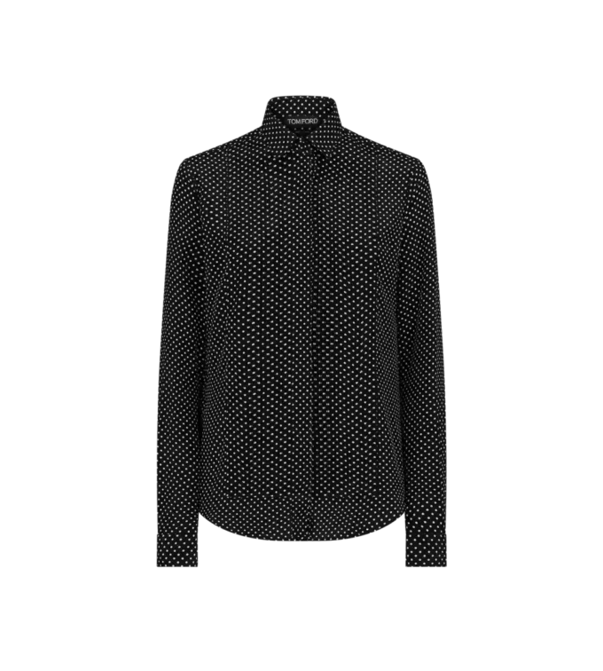 Camisa de crepé de China de seda con lunares y plastrón plisado Camisa de crepé de China de seda con lunares y plastrón plisado