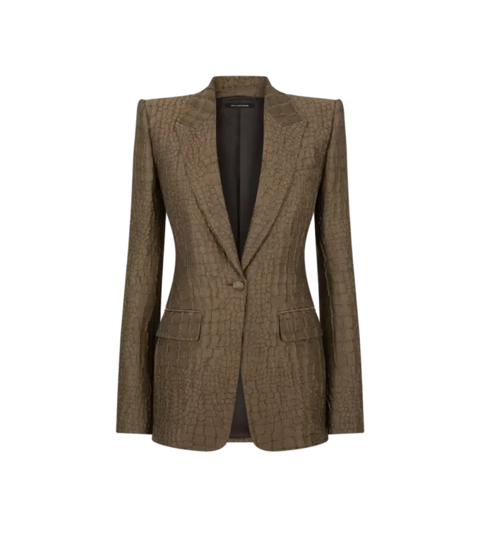 Chaqueta de solapa en pico con jacquard de cocodrilo y botonadura sencilla Chaqueta de solapa en pico con jacquard de cocodrilo y botonadura sencilla