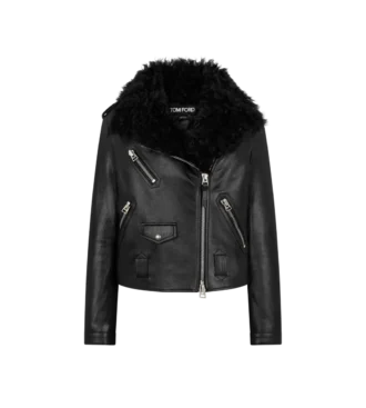 Chaqueta motera asimétrica de cuero con borreta