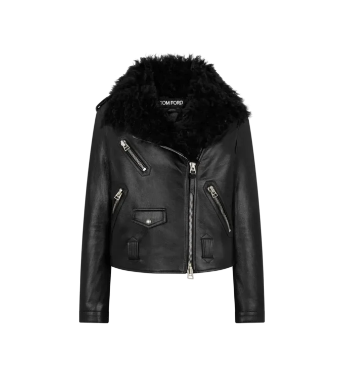 Chaqueta motera asimétrica de cuero con borreta Chaqueta motera asimétrica de cuero con borreta