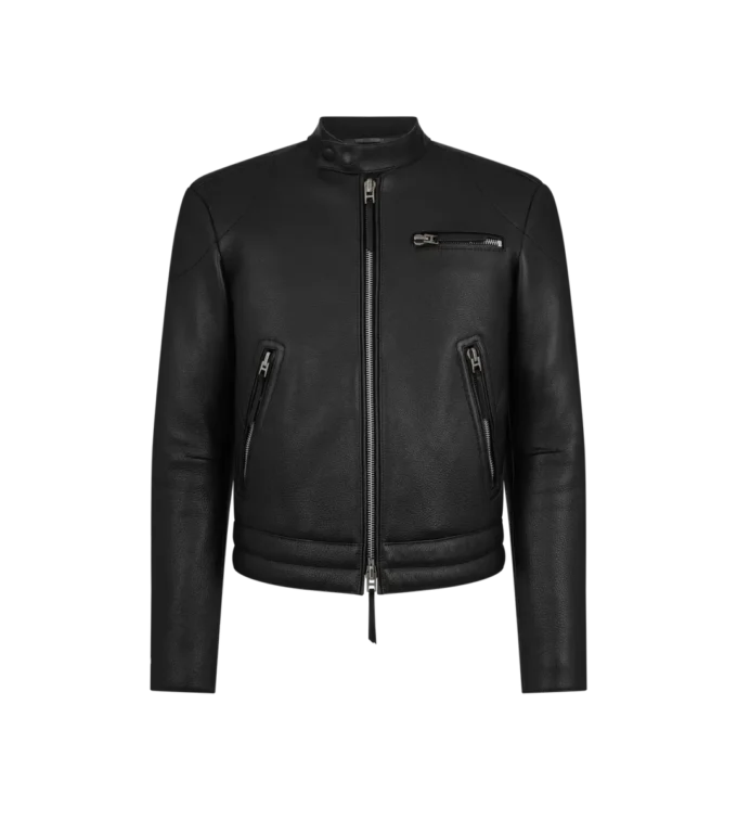 Chaqueta motera con cremallera de piel granulada