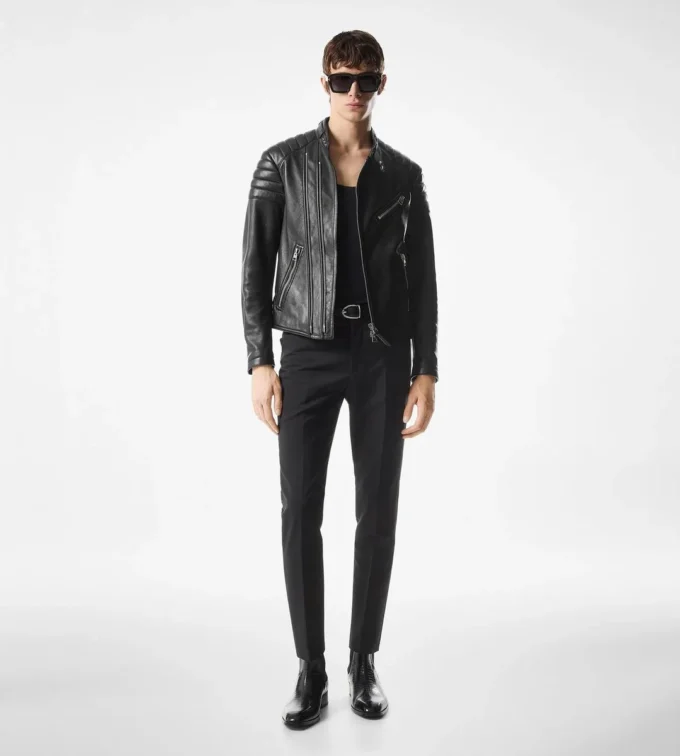 Chaqueta motera con cremallera de piel granulada Chaqueta motera con cremallera de piel granulada