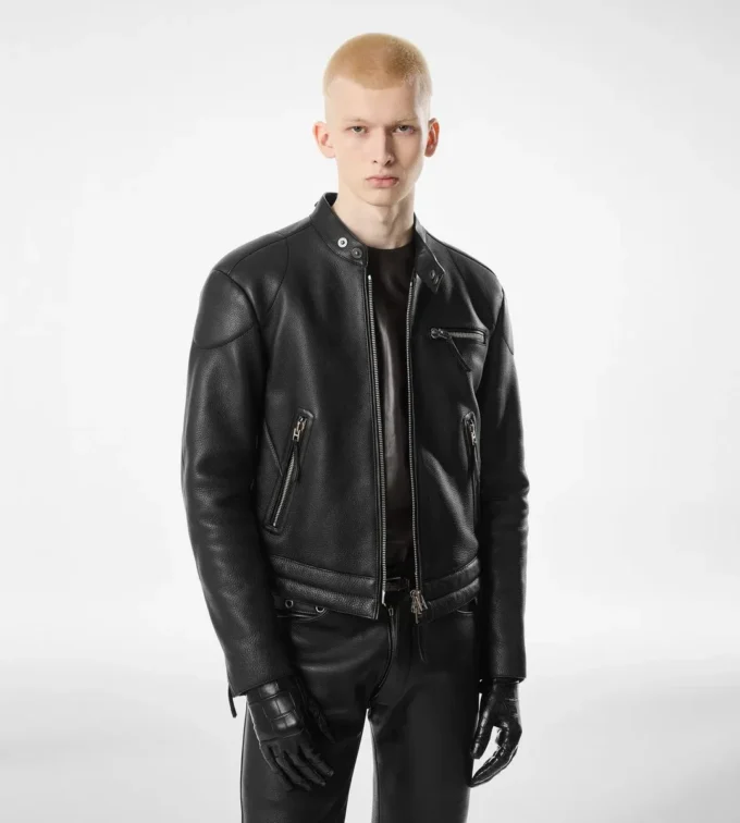 Chaqueta motera con cremallera de piel granulada