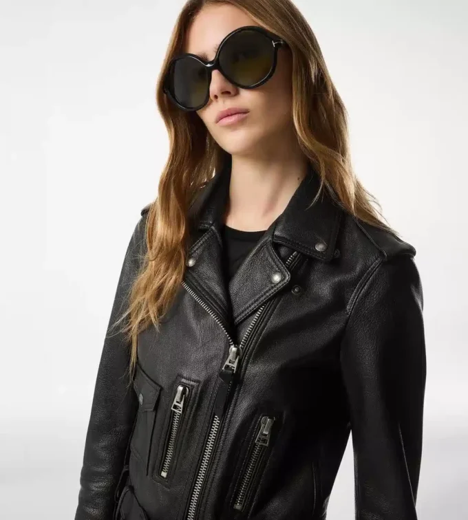 Chaqueta motera de piel plonge brillante