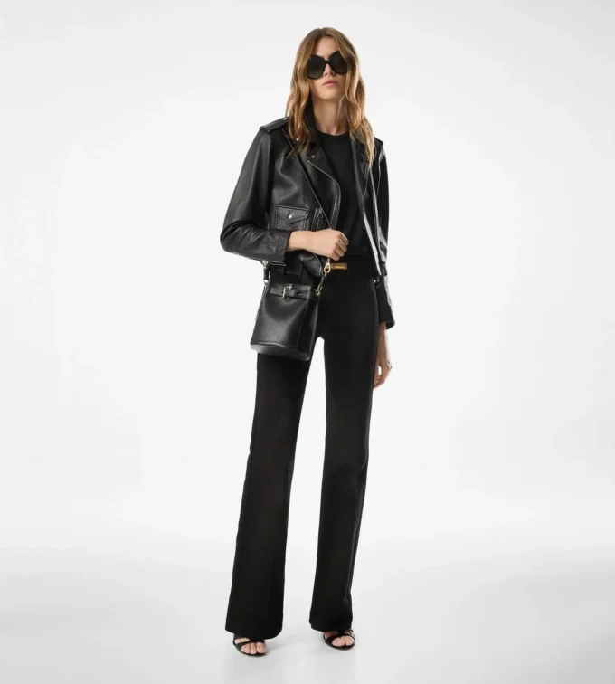 Chaqueta motera de piel plonge brillante