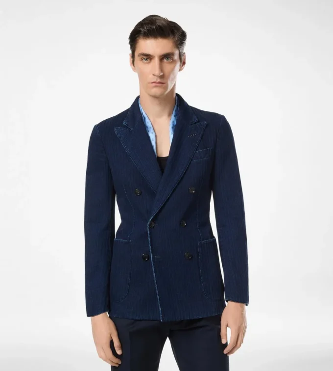 Chaqueta índigo con diseño en espiga Chaqueta índigo con diseño en espiga