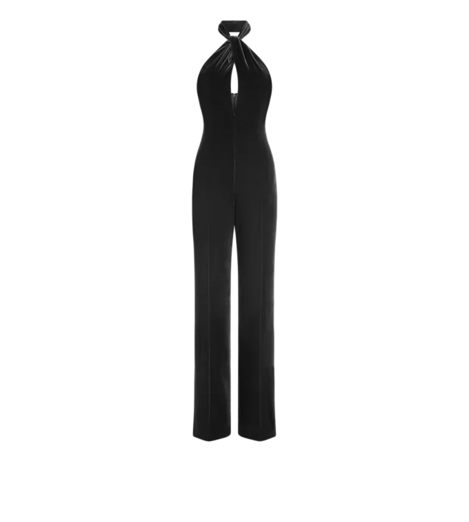 Mono de terciopelo con cuello halter y detalle retorcido en la parte delantera Mono de terciopelo con cuello halter y detalle retorcido en la parte delantera