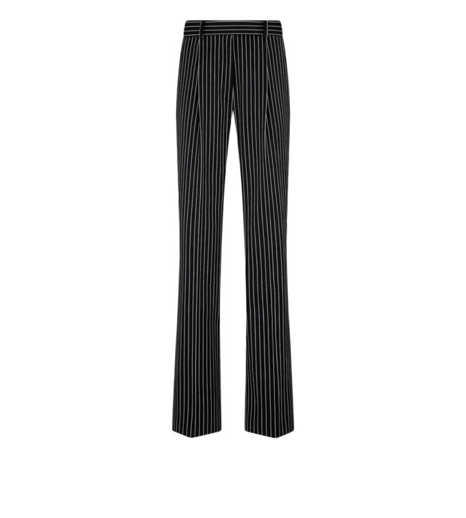 Pantalones rectos relajados con pliegues de lana y algodón Barathea a rayas Pantalones rectos relajados con pliegues de lana y algodón Barathea a rayas