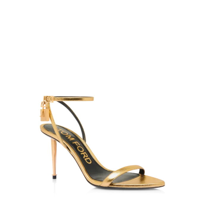 Sandalias laminadas de piel napa con cierre de candado y punta afilada, 85 mm