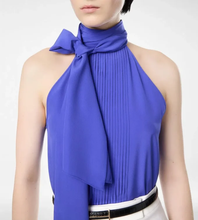 Top de seda con cuello halter y detalle plisado Top de seda con cuello halter y detalle plisado