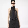 Top lavallière con cuello halter de georgette de seda con lunares y detalle plisado