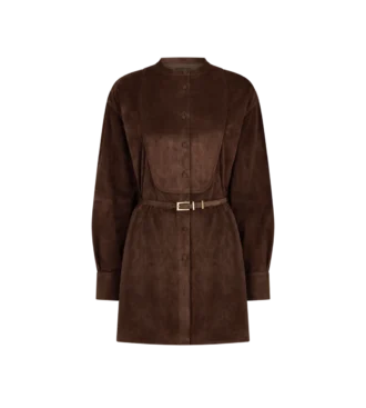 Vestido camisero mini con cinturón y plastrón de ante de cordero de grano completo