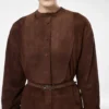 Vestido camisero mini con cinturón y plastrón de ante de cordero de grano completo Vestido camisero mini con cinturón y plastrón de ante de cordero de grano completo