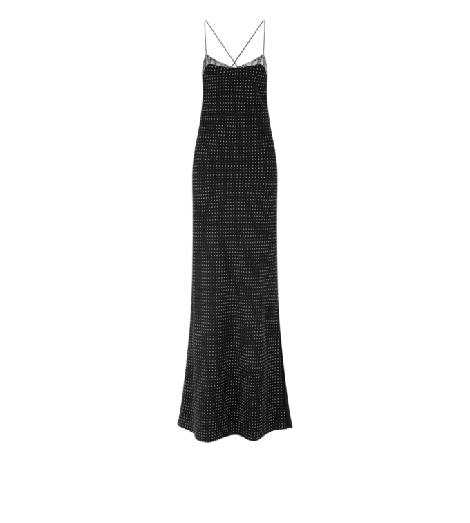 Vestido de noche camisola de crepé de seda con lunares y detalles de encaje
