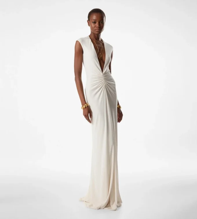 Vestido de noche con cuello en V profundo y tejido elástico «Sable»