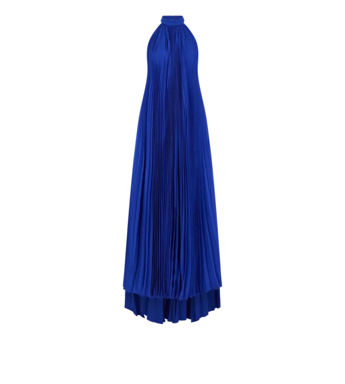 Vestido de noche de seda con cuello halter y plisado Sunray Vestido de noche de seda con cuello halter y plisado Sunray