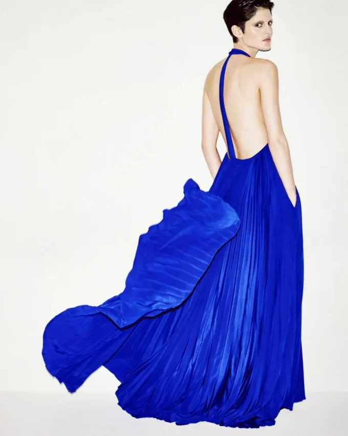 Vestido de noche de seda con cuello halter y plisado Sunray Vestido de noche de seda con cuello halter y plisado Sunray
