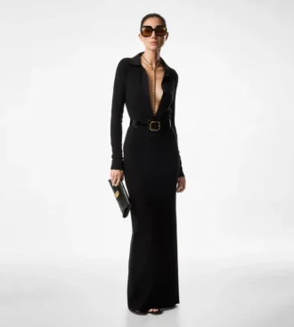 Vestido largo tipo polo de lana elástica con agujas Vestido largo tipo polo de lana elástica con agujas