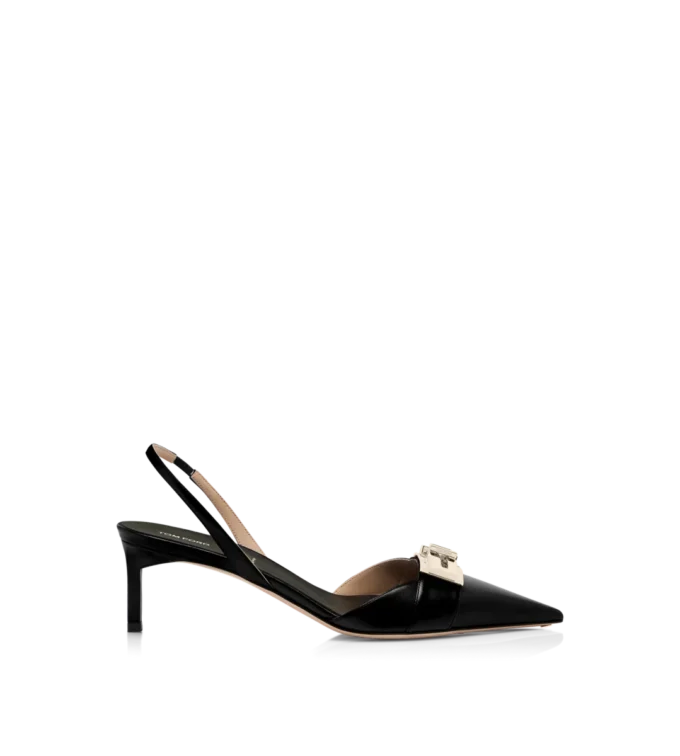 Zapatos de salón con talón abierto y hebilla en T de piel brillante