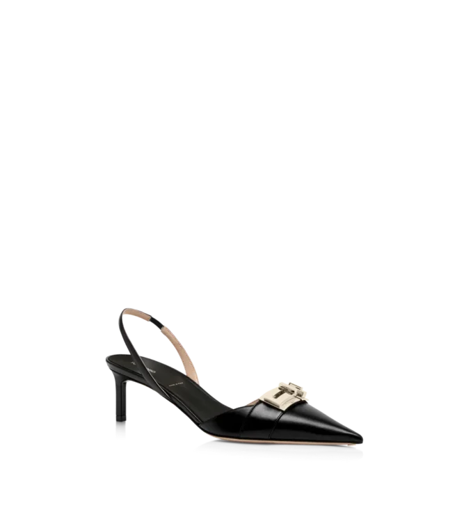 Zapatos de salón con talón abierto y hebilla en T de piel brillante